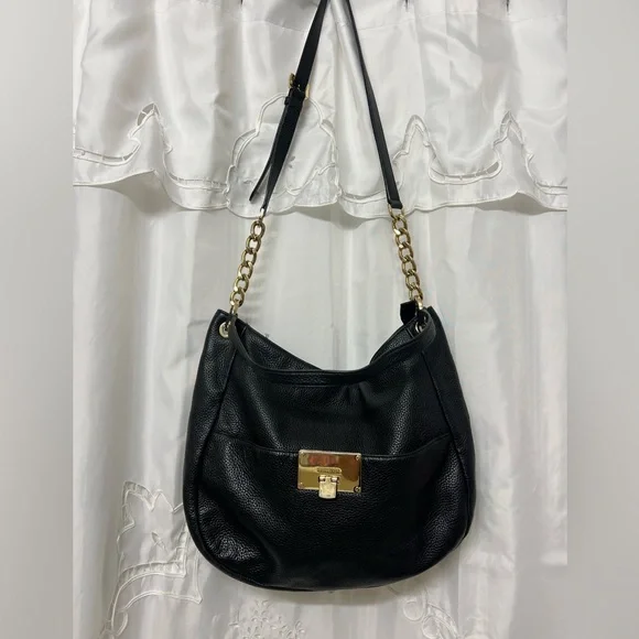 Michael Kors Bedford Large Black Pebbled Leather Shoulder Bag Gold Chain Hobo - Picture 3 of 13